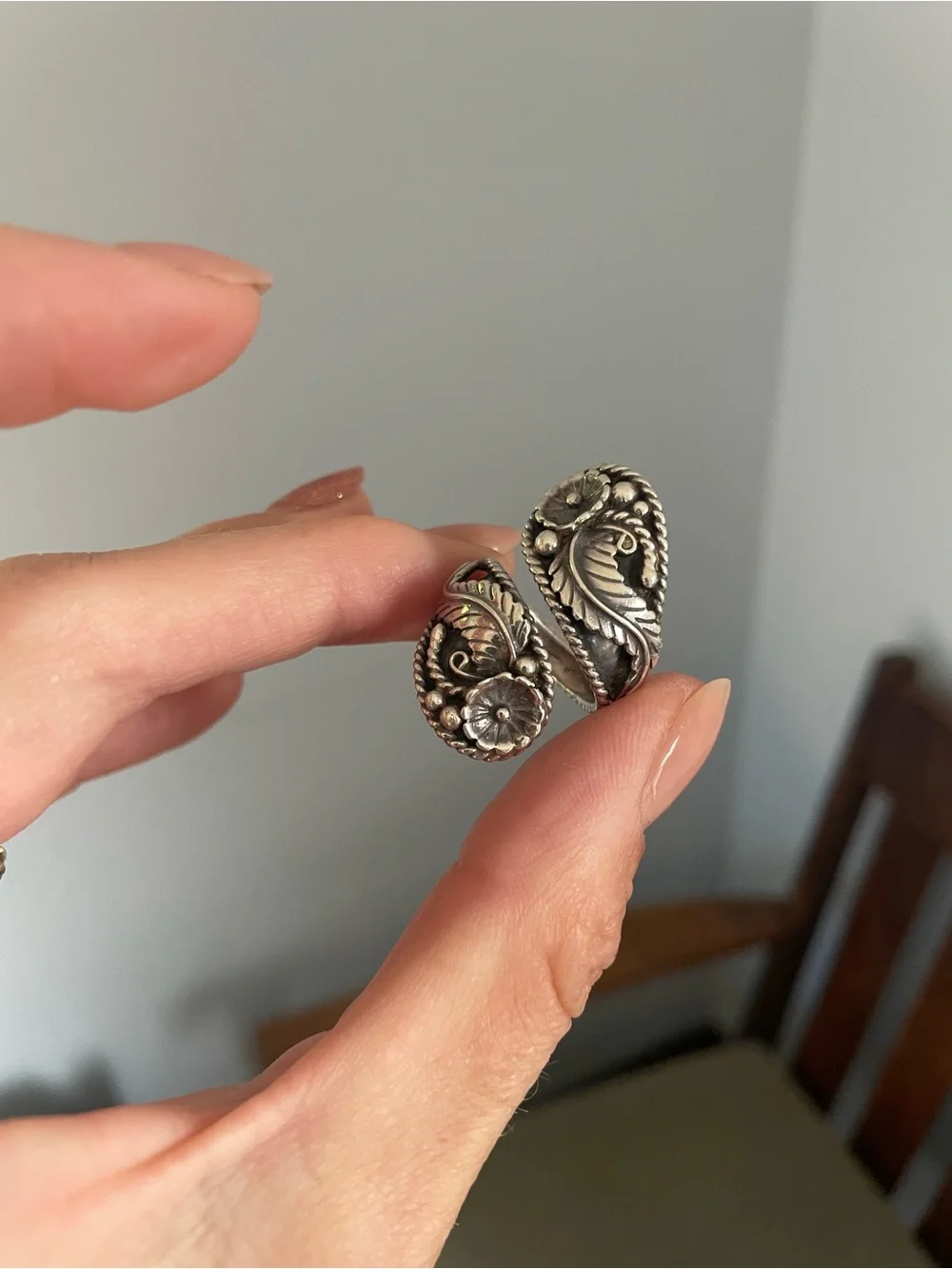 Vintage Navajo Sterling Silver Flower Leaf Bypass Ring - Signed SC
